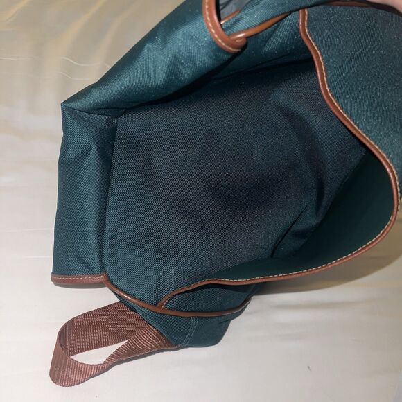 Polo Ralph Lauren Canvas Messenger Crossbody Bag Tote Green Brown Trim 15” Wide - Picture 11 of 14